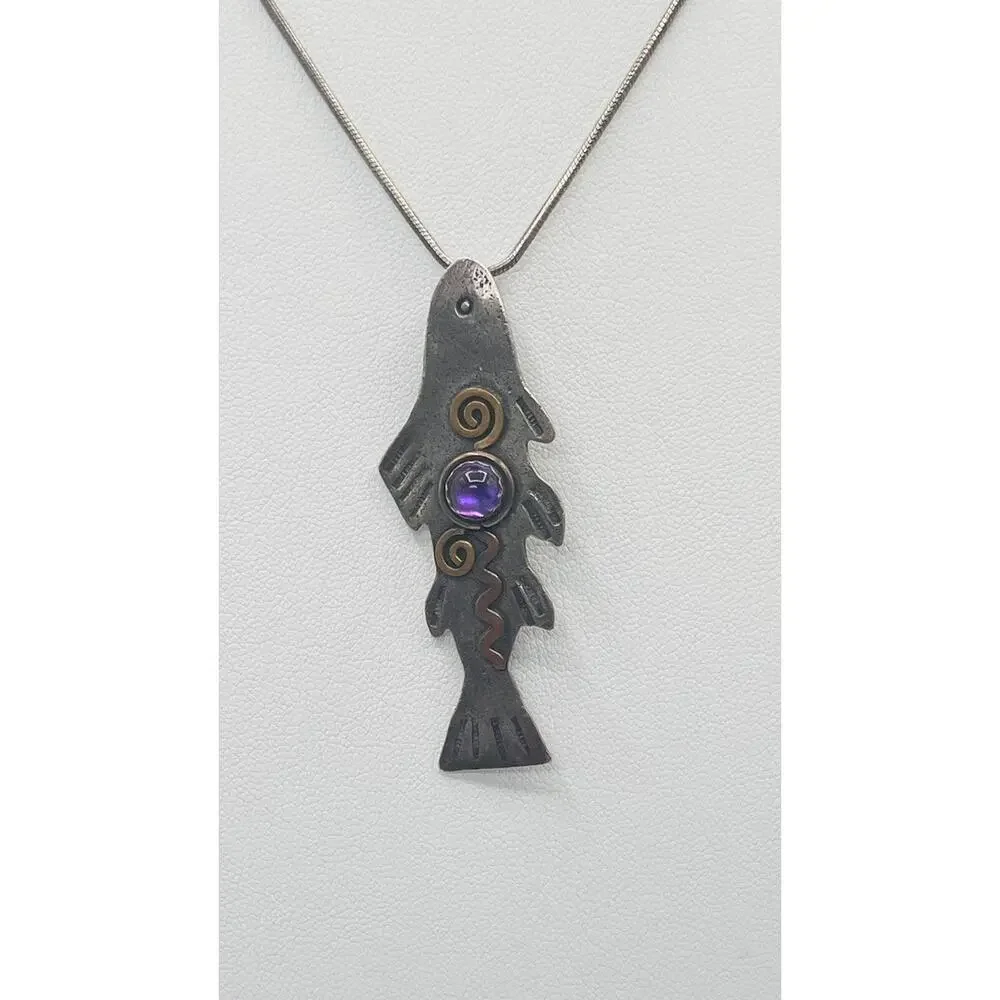 Artisan LCF Catherine McElroy Whimsical Sterling & Amethyst Fish Pendant/Brooch